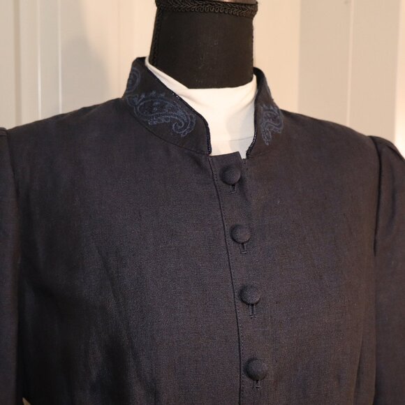 Badgley Mischka Womens Linen Navy Blazer Jacket Peplum Back Buttons Size 12 NWT - Picture 1 of 11